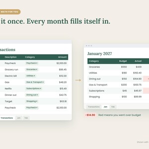 May include: A digital interface showing a budget tracker with the text Does the math for you, Log it once. Every month fills itself in. Two tables display transaction logs and a January 2027 budget summary with categories, budget, actual, and left columns.