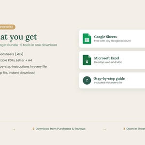 May include: A digital 2027 budget bundle infographic featuring the text What you get, 5 tools in one download, 3 spreadsheets, 2 printable PDFs, and step-by-step instructions. Icons for Google Sheets, Microsoft Excel, and a guide are displayed.