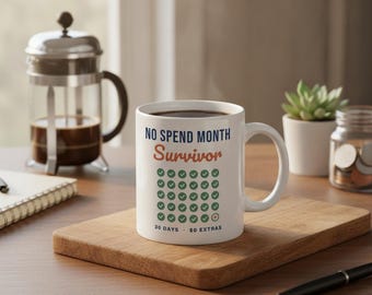 Taza "Sobreviviente del mes sin gastos", taza de café divertida para ahorrar dinero, regalo para ahorrar dinero, regalo de finanzas personales, taza de cerámica de 325 ml.