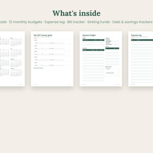 May include: A digital planner set featuring four white pages with dark green text. The pages include a 2027 calendar, money goals, a January budget, and an expense log. The header text reads What's inside, Calendar, Goals, 12 monthly budgets, Expense log, Bill tracker, Sinking funds, Debt & savings trackers, and Year review.