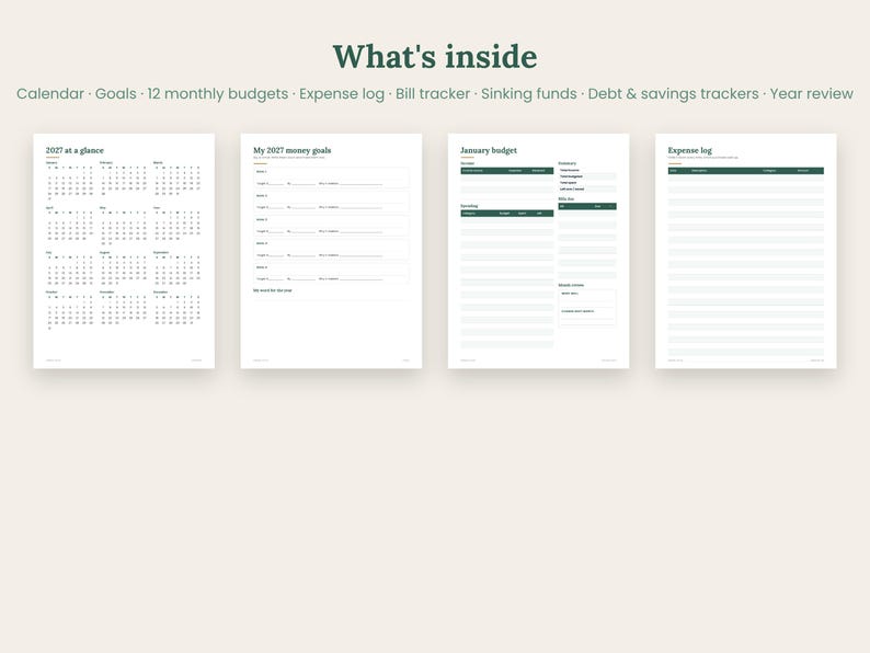 May include: A digital planner set featuring four white pages with dark green text. The pages include a 2027 calendar, money goals, a January budget, and an expense log. The header text reads What's inside, Calendar, Goals, 12 monthly budgets, Expense log, Bill tracker, Sinking funds, Debt & savings trackers, and Year review.