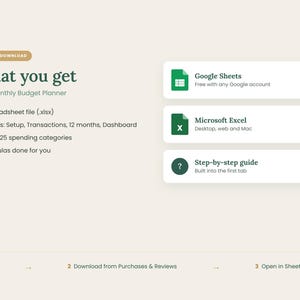 May include: A 2027 monthly budget planner digital spreadsheet file. Features include 16 tabs for setup, transactions, 12 months, and a dashboard, with up to 25 spending categories and pre-filled formulas. Compatible with Google Sheets and Microsoft Excel.