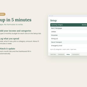 May include: A digital budget planner interface showing a setup guide with three steps: add income and categories, log spending, and watch it update. The screen displays a table with spending categories like Rent, Utilities, and Groceries with monthly budget amounts.