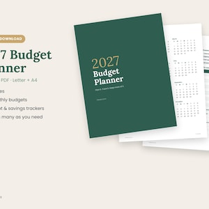 May include: A 2027 budget planner printable PDF set featuring a dark green cover with gold text reading 2027 Budget Planner. The set includes 23 pages with 12 monthly budgets, bill, debt, and savings trackers, available in Letter and A4 sizes.