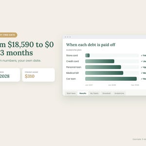 May include: A digital debt payoff tracker interface displaying a debt-free date of Nov 2028, interest saved of $310, and a progress chart titled When each debt is paid off. The dashboard shows a timeline for store card, credit card, personal loan, medical bill, and car loan debts.