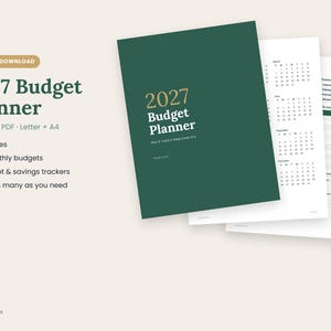May include: A 2027 budget planner printable PDF set featuring a dark green cover with gold text reading 2027 Budget Planner. The set includes 23 pages with 12 monthly budgets, bill, debt, and savings trackers, available in Letter and A4 sizes.