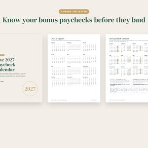 Puede incluir: Un planificador digital de tres p&aacute;ginas en formato US Letter titulado The 2027 Paycheck Calendar. El conjunto incluye una portada, un calendario anual 2027 y un calendario de pagos 2027 con fechas resaltadas y texto explicativo para el seguimiento.