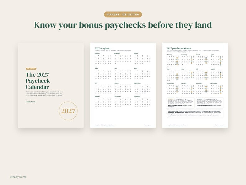 Puede incluir: Un planificador digital de tres p&aacute;ginas en formato US Letter titulado The 2027 Paycheck Calendar. El conjunto incluye una portada, un calendario anual 2027 y un calendario de pagos 2027 con fechas resaltadas y texto explicativo para el seguimiento.