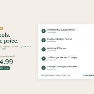 May include: A digital bundle of five financial planning tools including a 2027 Monthly Budget Planner, Paycheck Budget Planner, Debt Payoff Planner, 2027 Budget Planner, and Savings Challenges. The text reads 5 tools. One price. Everything to plan, track and grow your money in 2027. Google Sheets, Excel, Letter, and A4 formats are included.