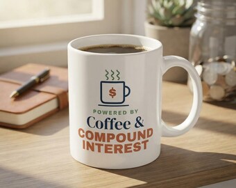 Taza de café e interés compuesto, taza divertida para ahorrar dinero, regalo para ahorrar dinero, regalo de finanzas personales, taza de cerámica de 325 ml.