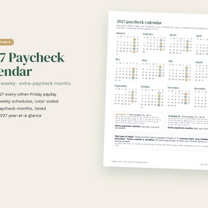 Puede incluir: Un calendario de n&oacute;mina imprimible para 2027 con una vista anual donde las fechas de pago quincenales est&aacute;n marcadas con c&iacute;rculos dorados y azules. El documento incluye cronogramas detallados y los meses que cuentan con tres pagos.