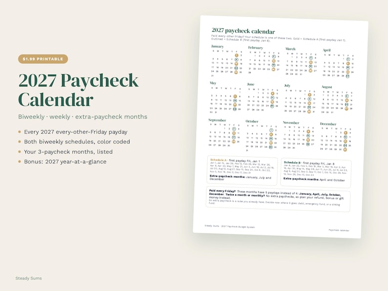 Puede incluir: Un calendario de n&oacute;mina imprimible para 2027 con una vista anual donde las fechas de pago quincenales est&aacute;n marcadas con c&iacute;rculos dorados y azules. El documento incluye cronogramas detallados y los meses que cuentan con tres pagos.