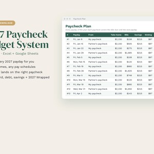 Puede incluir: Una plantilla de hoja de c&aacute;lculo digital 2027 Paycheck Budget System para Excel y Google Sheets. La interfaz muestra una tabla Paycheck Plan con columnas para fecha de pago, fuente de ingresos, salario neto, facturas y ahorros disponibles.