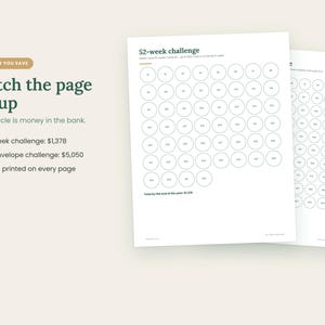 May include: Two white paper sheets featuring a 52-week savings challenge with rows of circles. The text reads: 52-week challenge, Watch the page fill up, Every circle is money in the bank, 52-week challenge: $1,378, 100 envelope challenge: $5,050.
