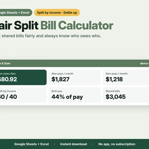 Fair Split Bill Calculator, Couples Expense Tracker, Split Bills by Income, Who Owes Who (Google Sheets, Excel)