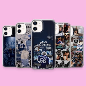 May include: Five clear smartphone cases featuring collage-style designs with blue and white hockey-themed graphics, including text like Briar University, Off Campus, and player names such as Dean DiLaurentis with the jersey number 66.