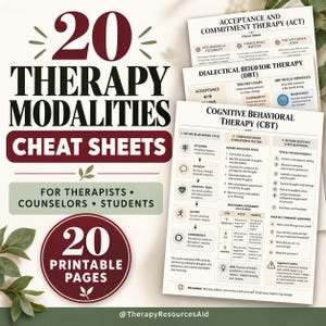 May include: A set of 20 therapy modality cheat sheets featuring text in dark red and black on white paper. The documents include headers for Acceptance and Commitment Therapy, Dialectical Behavior Therapy, and Cognitive Behavioural Therapy with charts.