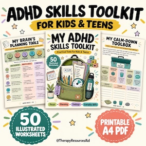 Könnte beinhalten: Ein ADHD-Kompetenz-Toolkit für Kinder und Jugendliche, bestehend aus drei druckbaren Seiten. Die mittlere Seite zeigt einen grünen Rucksack mit Schulsachen, einem Kalender und einer Trinkflasche. Die Seitenblätter listen Planungshilfen auf.