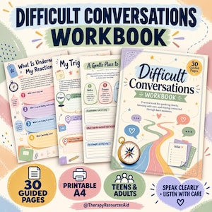 Puede incluir: Un libro de ejercicios Difficult Conversations con 30 páginas guiadas para adolescentes y adultos. La portada muestra un camino colorido, una brújula y burbujas de diálogo. Tres páginas interiores muestran ejercicios sobre reacciones.