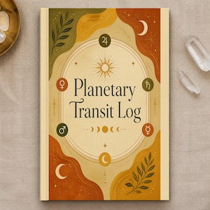 May include: A hardcover book titled Planetary Transit Log with a cream-colored center featuring a sun icon, surrounded by planetary symbols, moon phases, and leaf illustrations in shades of orange, green, and yellow on a textured background.
