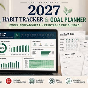 Peut inclure: Un ensemble numérique de suivi des habitudes et de planification d'objectifs 2027 comprenant une feuille de calcul Excel et un PDF imprimable. L'écran affiche un tableau de bord avec des graphiques de progression, des données de suivi et des aperçus d'objectifs. Inclut des suivis mensuels, des feuilles de réinitialisation hebdomadaire et des bilans annuels en vert foncé et blanc.