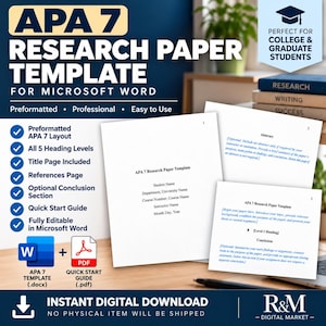 Puede incluir: Una plantilla digital de trabajo de investigación APA 7 para Microsoft Word, con página de título, resumen y diseño de texto. El documento incluye encabezados preformateados, una página de referencias y una guía rápida en formatos .docx y .pdf.