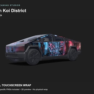 Könnte beinhalten: Eine digitale Folierung für einen Cybertruck mit dem Neon Koi District Design. Die Grafik zeigt eine lebendige urbane Szene mit leuchtend blauen und roten Neonlichtern, Koi-Fisch-Motiven und architektonischen Elementen auf der Fahrzeugaußenseite.
