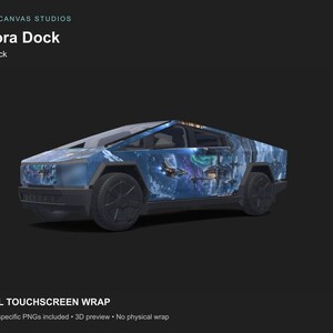 May include: A digital vehicle wrap for a Cybertruck featuring the Aurora Dock design. The wrap displays a blue-toned space scene with starships, planets, and nebulae across the side panels. This is a digital product containing 12 PNG files.