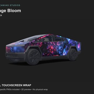 May include: A digital graphic wrap for a Cybertruck featuring a vibrant abstract pattern of blue, purple, and pink lightning-like shapes. The text "CYBER CANVAS STUDIOS", "Voltage Bloom", "Cybertruck", and "DIGITAL TOUCHSCREEN WRAP" is visible.