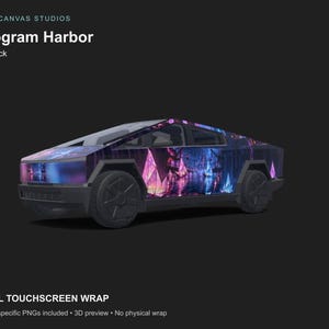 Könnte beinhalten: Eine digitale Grafikfolierung für einen Cybertruck mit einer lebendigen Hafenszene, leuchtenden rosa und blauen geometrischen Strukturen, dunklen Wasserreflexionen und scharfen, kantigen Linien auf einem dunkelgrauen Fahrzeugmodell.
