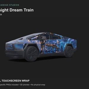 May include: A digital vehicle wrap design titled Midnight Dream Train for a Cybertruck, featuring a dark blue night sky scene with a glowing train on a bridge, stars, and nebula clouds. The design is presented as a digital file for a touchscreen.