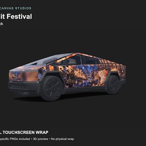 May include: A digital graphic wrap for a Cybertruck featuring the text Cyber Canvas Studios, Starlit Festival, and Digital Touchscreen Wrap. The design displays a colourful, detailed scene of a night festival with warm lights and a fox-like creature.