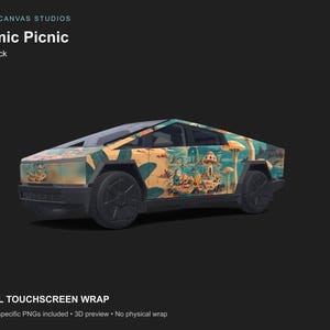 Könnte beinhalten: Eine digitale Folierung für einen Cybertruck mit dem Text Cyber Canvas Studios, Atomic Picnic und Cybertruck. Das Design zeigt eine farbenfrohe, surreale Landschaft mit großen Pilzen und Blattwerk auf der kantigen Karosserie des Fahrzeugs.