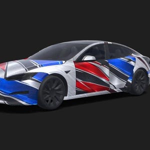 May include: A saloon featuring a dynamic wrap with a geometric pattern in red, white, blue, and black. The vehicle has a sleek aerodynamic profile, dark-tinted windows, and matte black wheels, showcasing a modern design with sharp, angular lines.