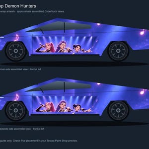 Może przedstawiać: Projekt okleiny samochodowej zatytułowany KPop Demon Hunters z niebieskim gradientem w tle, unoszącymi się nutami muzycznymi oraz ilustracją trzech artystów trzymających mikrofony na bocznych panelach geometrycznej sylwetki ciężarówki.
