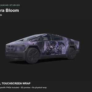 Może przedstawiać: Cyfrowa okleina graficzna do pojazdu Cybertruck z napisem Umbra Bloom oraz Cyber Canvas Studios. Wzór przedstawia abstrakcyjny motyw kwiatowy w kolorach ciemnego fioletu i czerni na kanciastej karoserii pojazdu, obejmujący przednie i boczne panele.