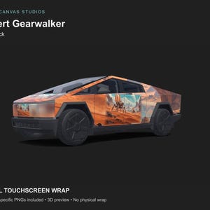 May include: A digital wrap for a Cybertruck featuring a desert landscape graphic with a mechanical walker creature. The design includes the text Cyber Canvas Studios, Desert Gearwalker, Cybertruck, and Digital Touchscreen Wrap on a dark background.