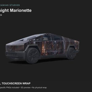 May include: A digital touchscreen wrap for a Cybertruck featuring the Midnight Marionette design. The vehicle graphic displays a dark, atmospheric scene with a marionette figure. Text includes Cyber Canvas Studios, Midnight Marionette, and Cybertruck.