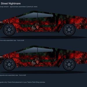May include: A vinyl vehicle wrap design titled Elm Street Nightmare featuring a red and black striped pattern with a graphic of a character wearing a brown hat and metal clawed glove. The design is shown on two side views of a Cybertruck.