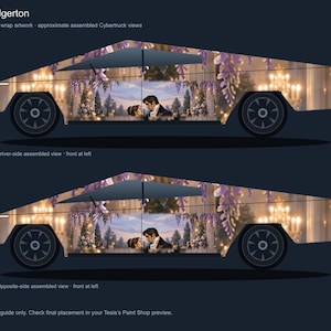 Könnte beinhalten: Eine Tesla Cybertruck Fahrzeugfolierung mit Bridgerton-Grafiken. Das Design zeigt eine romantische Szene mit einem Paar, Glyzinien und Kronleuchtern. Der Text lautet: Bridgerton, Actual wrap artwork, approximate assembled Cybertruck views, Driver-side assembled view, Opposite-side assembled view, Visual guide only. Check final placement in your Tesla's Paint Shop preview.