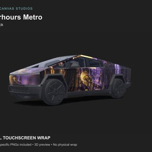 Puede incluir: Un diseño de vinilo digital para vehículo titulado Afterhours Metro para Cybertruck, con un gráfico de túnel urbano en tonos morados y dorados. El diseño incluye 12 archivos PNG específicos del modelo para una pantalla táctil digital.