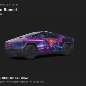 May include: A digital graphic wrap for a Cybertruck titled Turbo Sunset by Cyber Canvas Studios. The design features a vibrant sunset, mountain silhouettes, and neon light streaks in shades of purple, pink, and orange on the vehicle side.