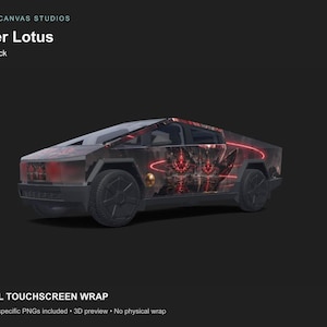 May include: A digital wrap design for a Cybertruck titled Laser Lotus by Cyber Canvas Studios. The design features a dark, abstract pattern with glowing red circular lines and intricate red geometric motifs on the side panels of the vehicle.