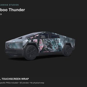 以下が含まれることがあります： ピンクとダークグリーンの葉模様が特徴のBamboo Thunderデザインを施したサイバートラック用デジタルグラフィックラップ。暗い背景にはCyber Canvas Studios、Bamboo Thunder、Cybertruck、Digital Touchscreen Wrapの文字が表示されています。
