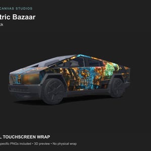 Könnte beinhalten: Eine digitale Grafikfolierung für einen Cybertruck mit dem Electric Bazaar-Design. Die Folierung zeigt eine lebendige, mehrfarbige Szene mit komplexen Mustern in Orange-, Blau- und Gelbtönen, die auf die kantige Karosserie aufgebracht ist.