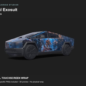 Może przedstawiać: Cyfrowa grafika na Cybertrucka z motywem rafy koralowej w odcieniach niebieskiego i pomarańczowego. Tekst zawiera: CYBER CANVAS STUDIOS, Coral Exosuit, Cybertruck oraz DIGITAL TOUCHSCREEN WRAP. Projekt przedstawia podwodne obrazy.