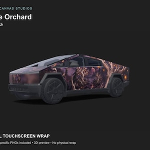 May include: A digital touchscreen wrap for a Cybertruck featuring the Bone Orchard design. The graphic displays a dark, atmospheric forest scene with gnarled, light-coloured tree branches, deep purple shadows, and glowing orange orbs on a vehicle.