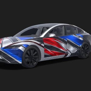 Könnte beinhalten: Eine Limousine mit einer dynamischen Folierung in einem geometrischen Muster aus Rot, Weiß, Blau und Schwarz. Das Fahrzeug verfügt über schwarze Räder, ein aerodynamisches Profil und eine tiefe Straßenlage mit modernen, scharfen Linien.