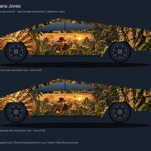 Puede incluir: Un diseño de vinilo para vehículo con temática de Indiana Jones que muestra paisajes de selva, estructuras de piedra antigua y un retrato de personaje. El gráfico incluye elementos dorados iluminados por el sol, follaje denso y ruinas detalladas.