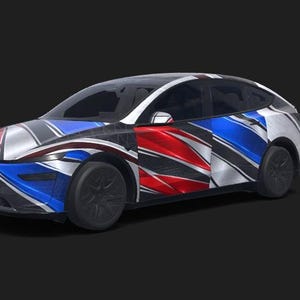 May include: A sleek electric crossover vehicle featuring a bold, multi-coloured graphic wrap. The exterior design incorporates sharp, angular patterns in vibrant shades of red, blue, white, and black, covering the bonnet, sides, and roof.
